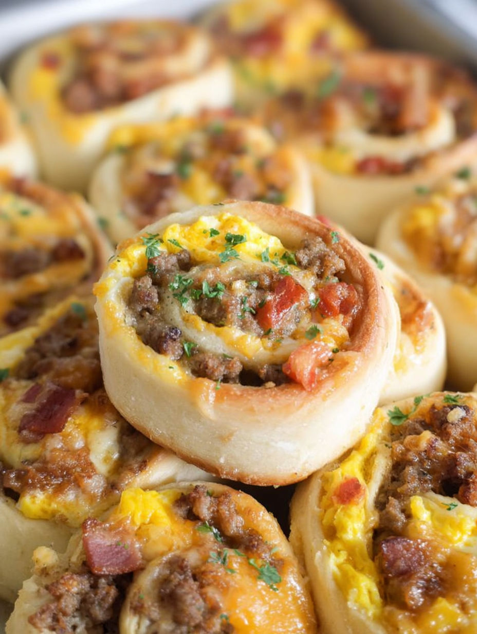 A plate of breakfast rolls with meat and cheese.