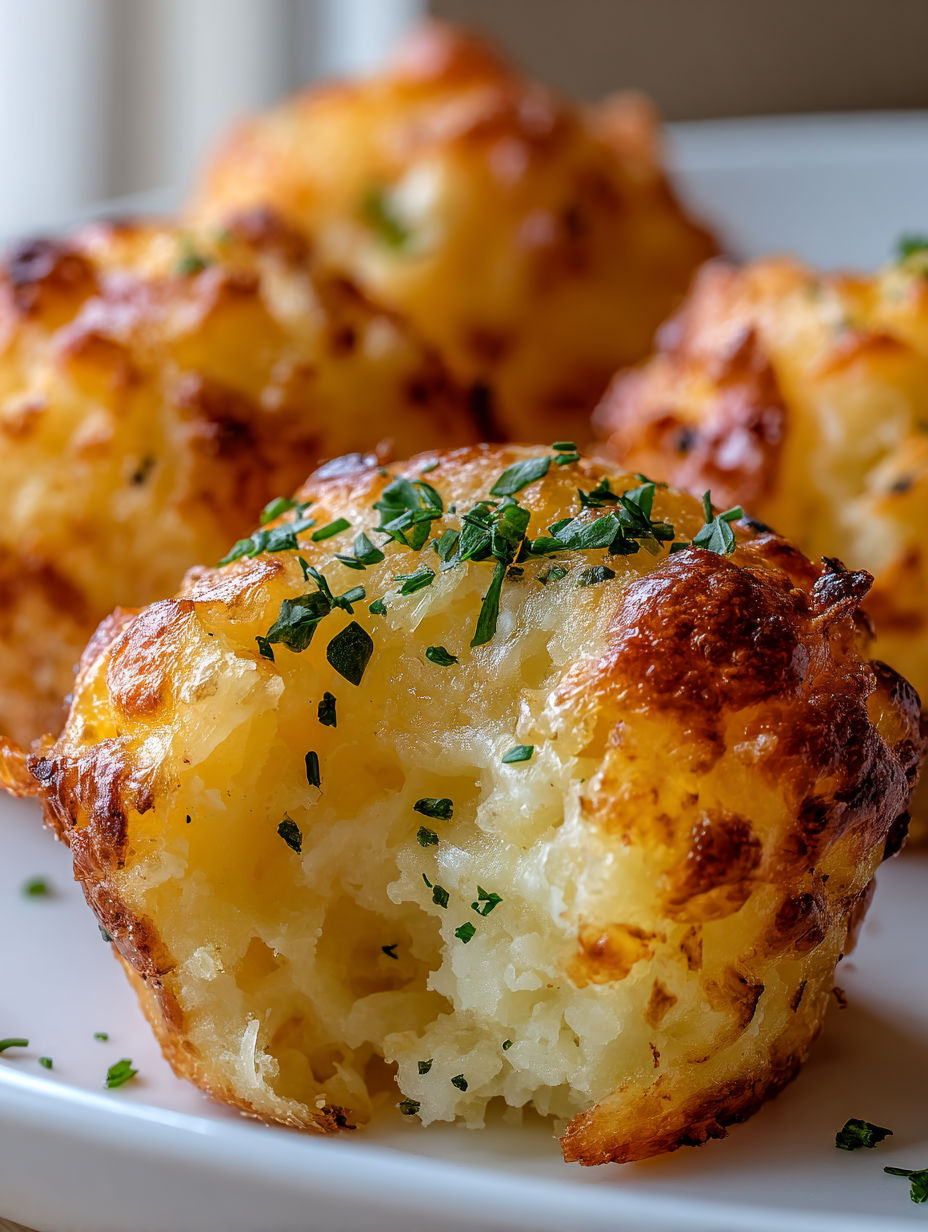 Cheesy mashed potato puffs on a plate.