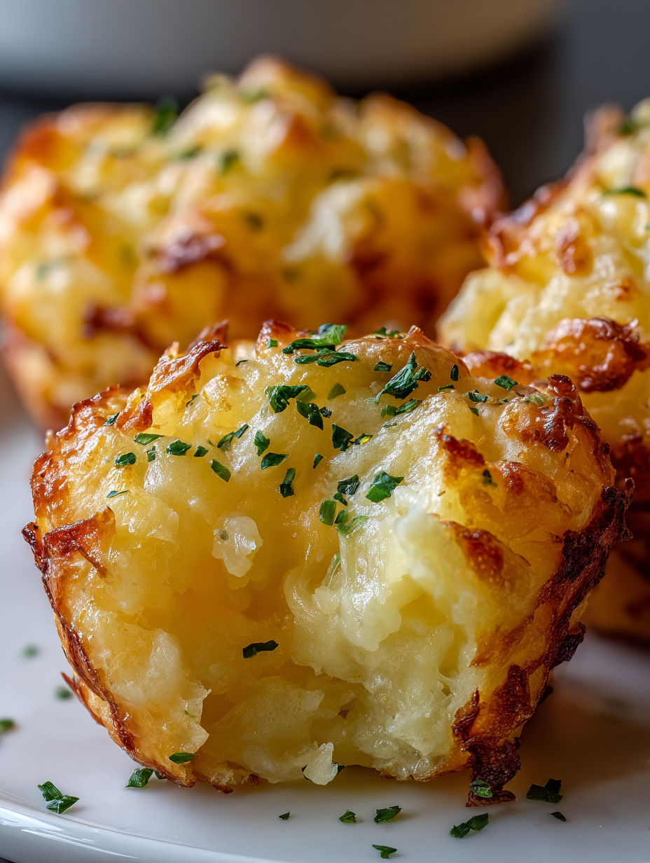 Cheesy mashed potato puffs on a plate.