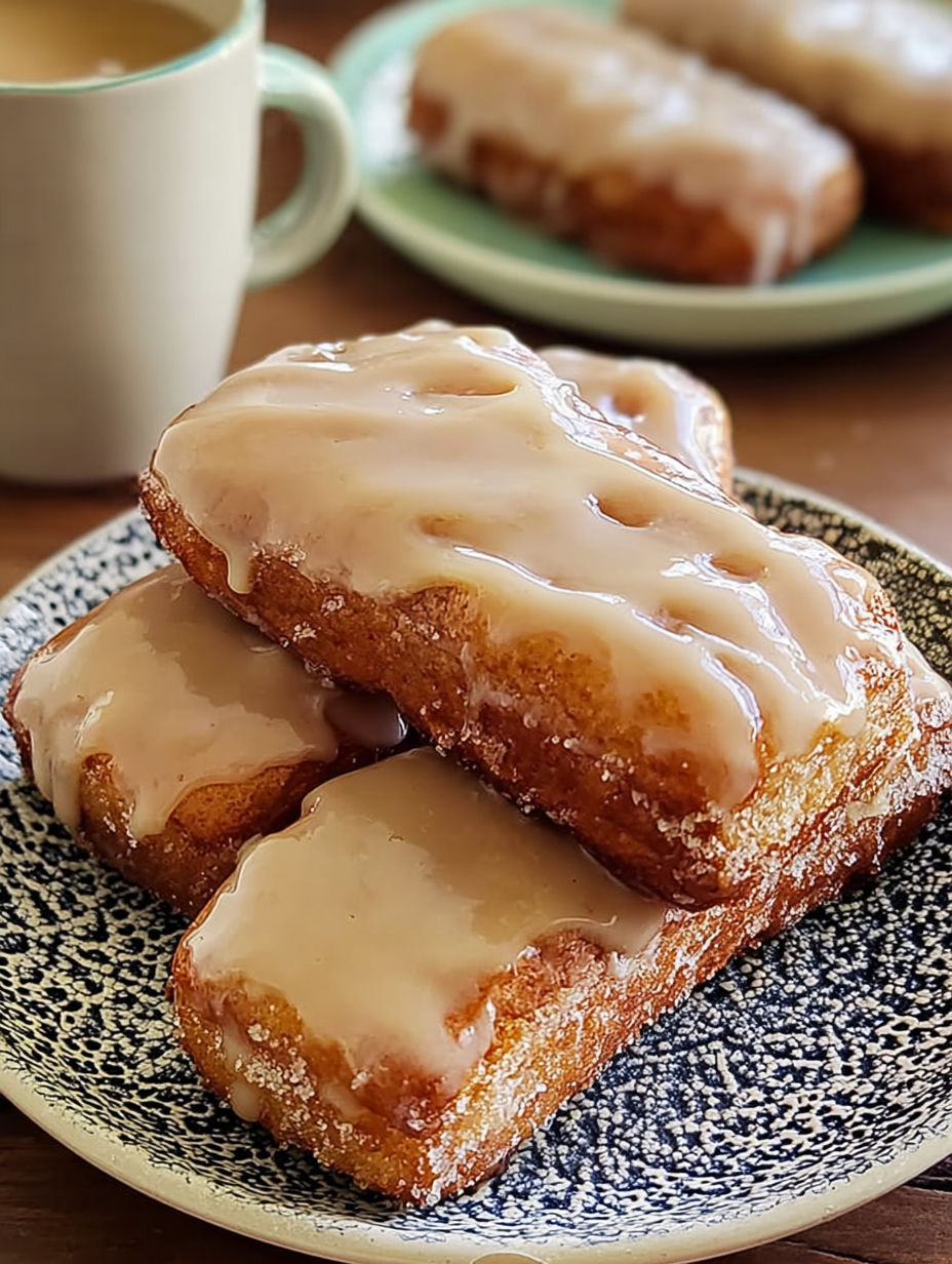 A stack of three donuts with glaze.
