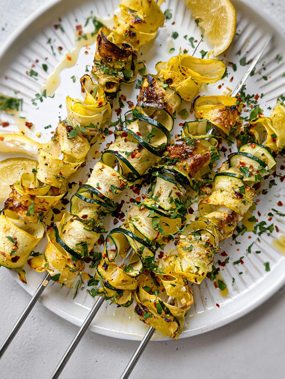 Zucchini ribbon skewers on a plate.