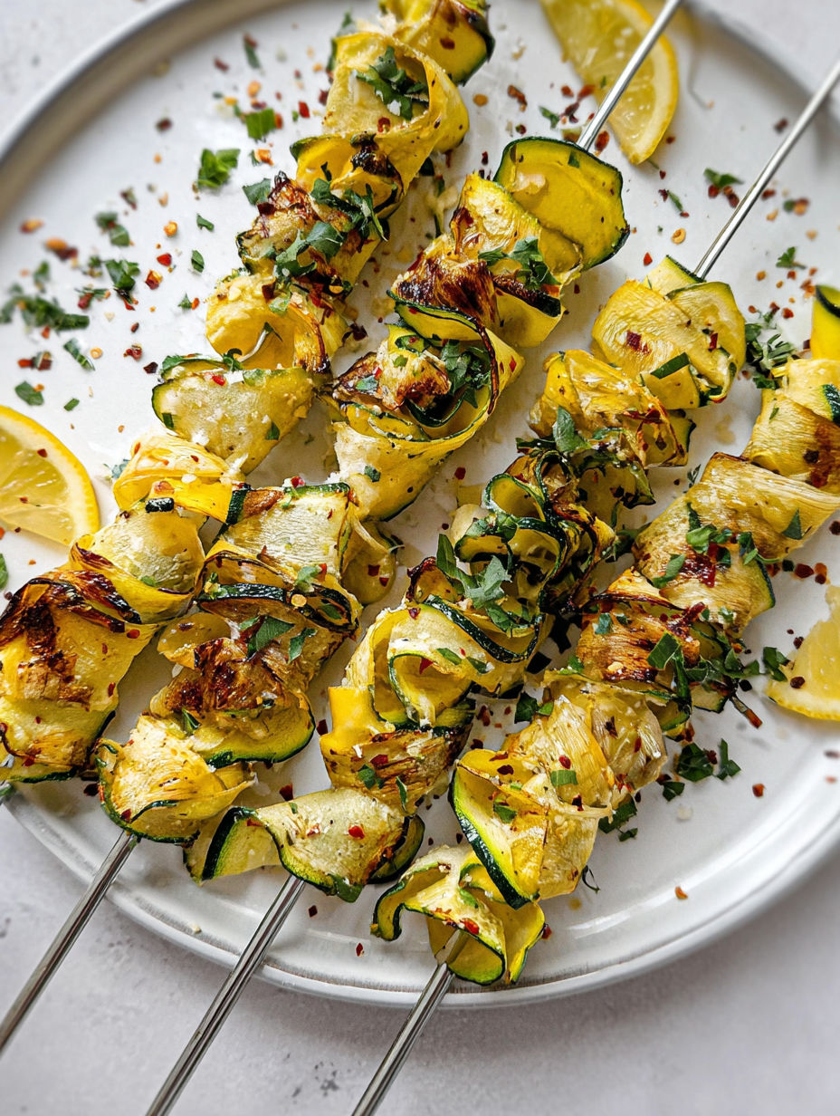 Zucchini ribbon skewers on a plate.