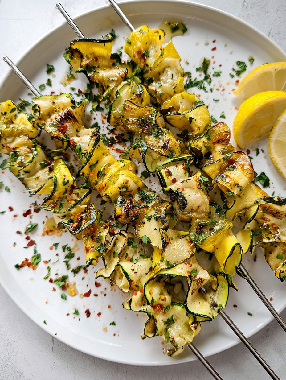 Zucchini ribbon skewers with lemon wedges.