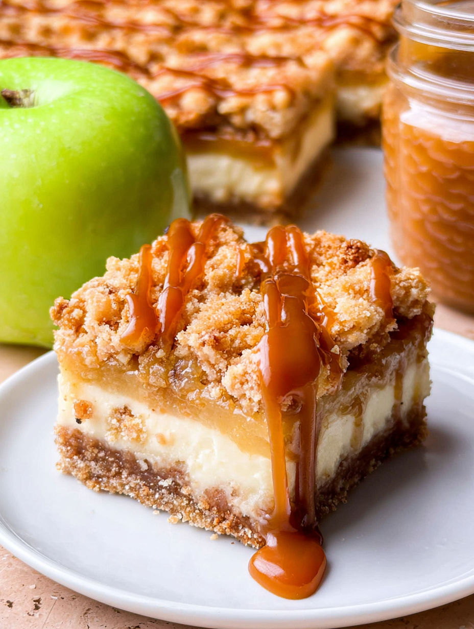A slice of caramel apple cheesecake bars.