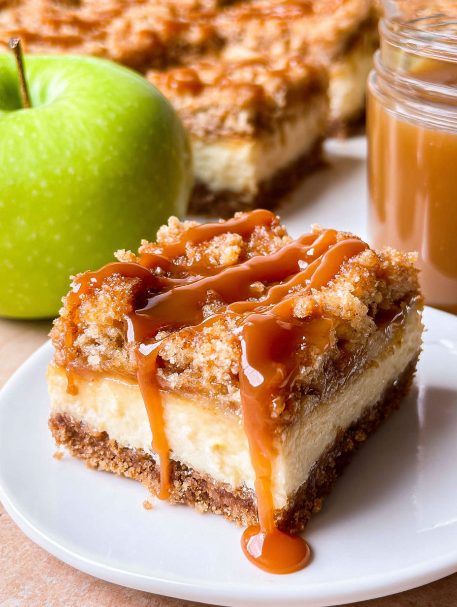 A slice of caramel apple cheesecake bars.