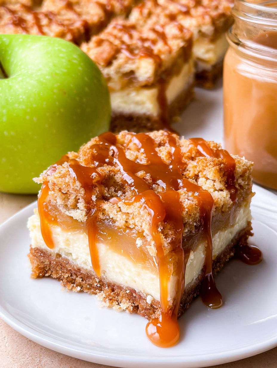 A slice of caramel apple cheesecake bars.