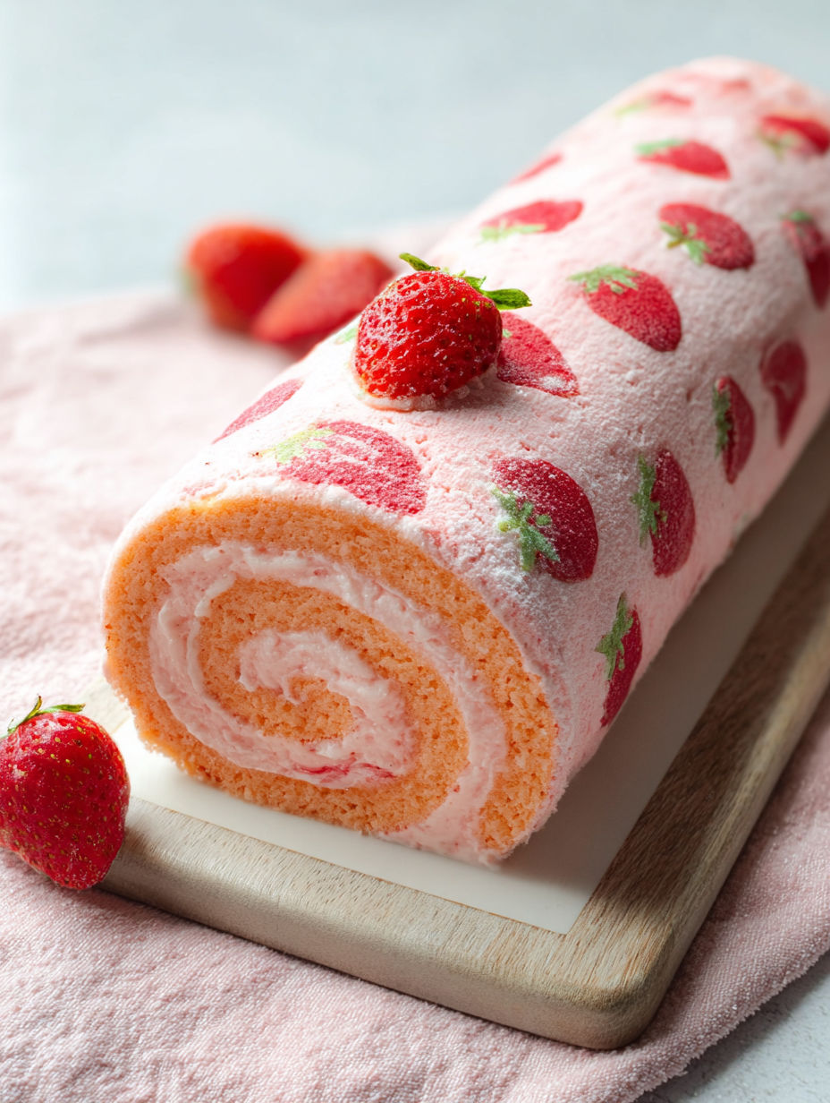 A cake roll with strawberries on top.