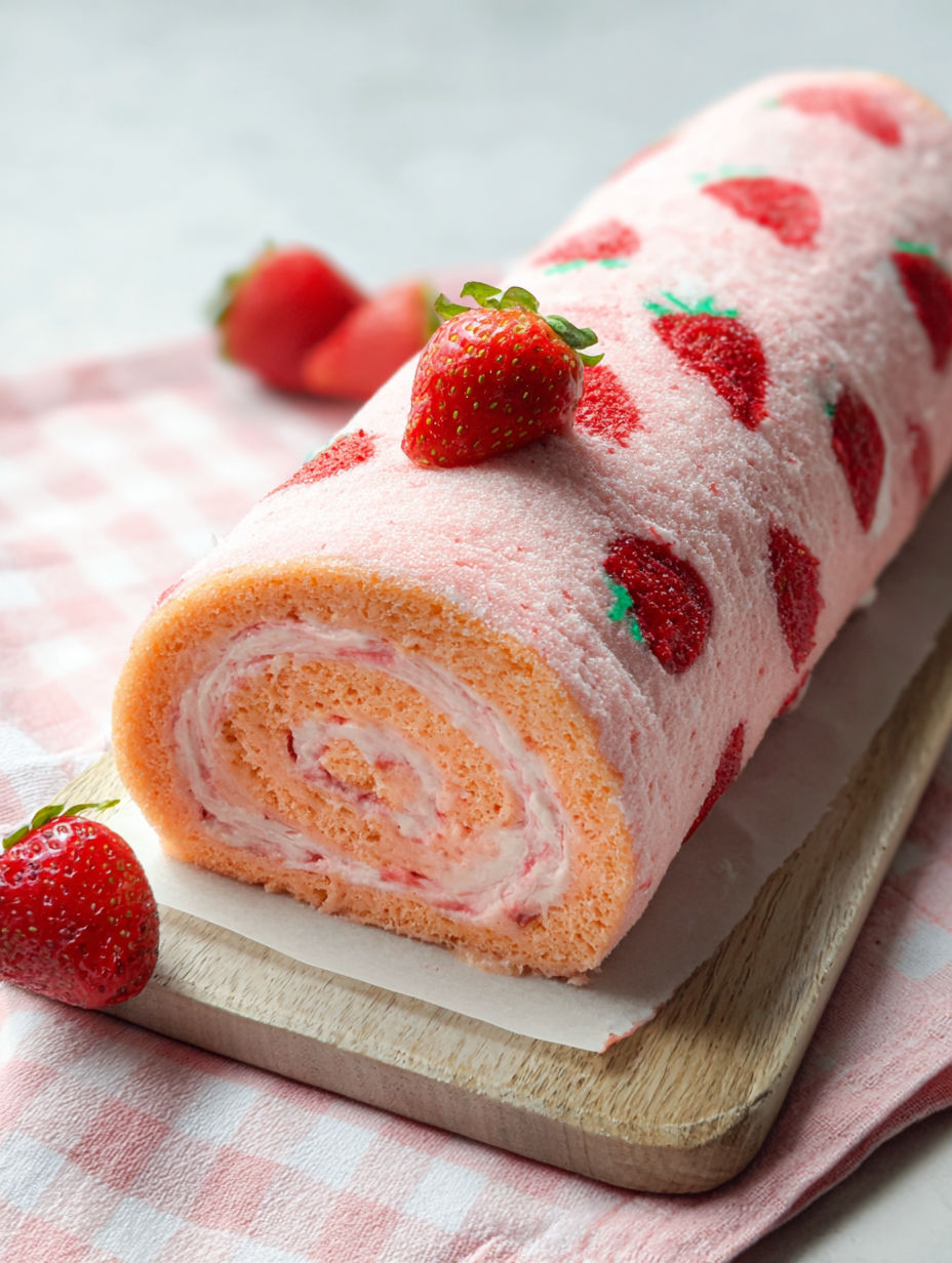 A cake roll with strawberries on top.