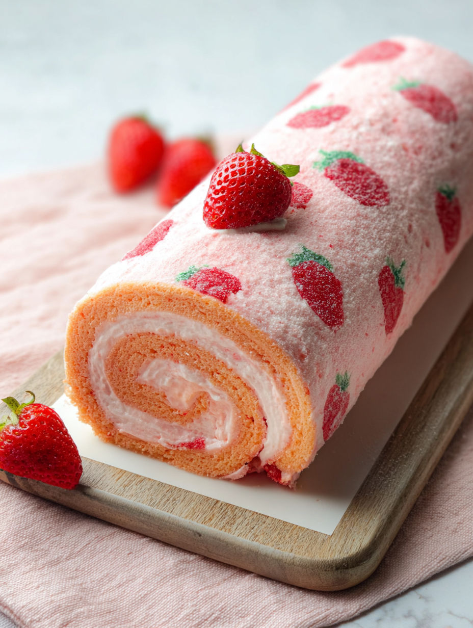 A cake roll with strawberries on top.