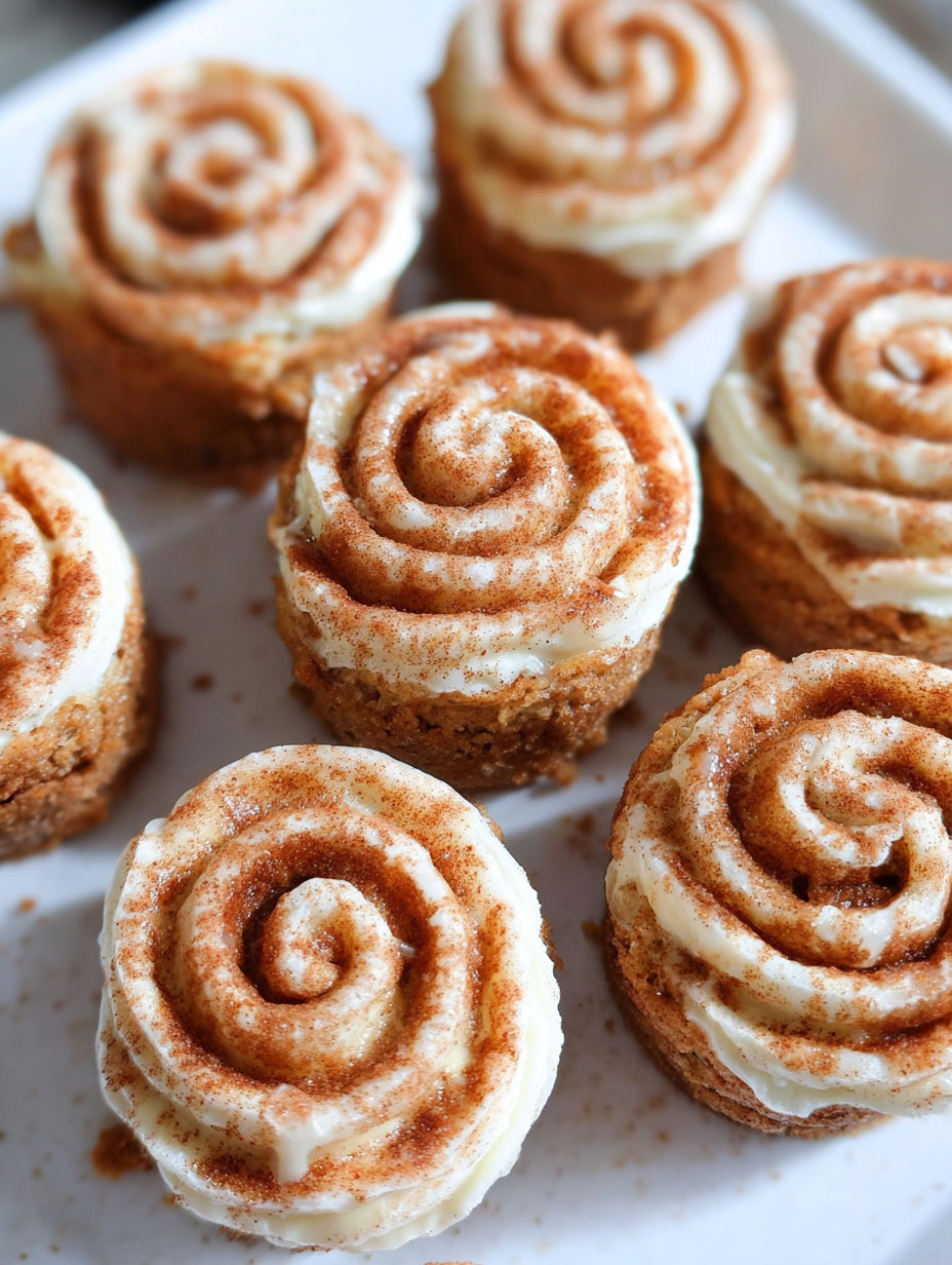 Mini cinnamon roll cheesecakes on a plate.