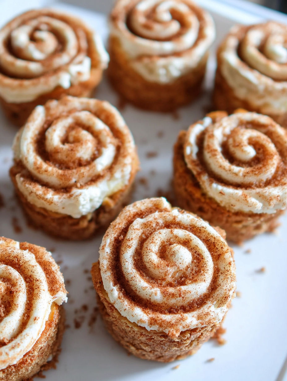 Mini cinnamon roll cheesecakes on a white plate.