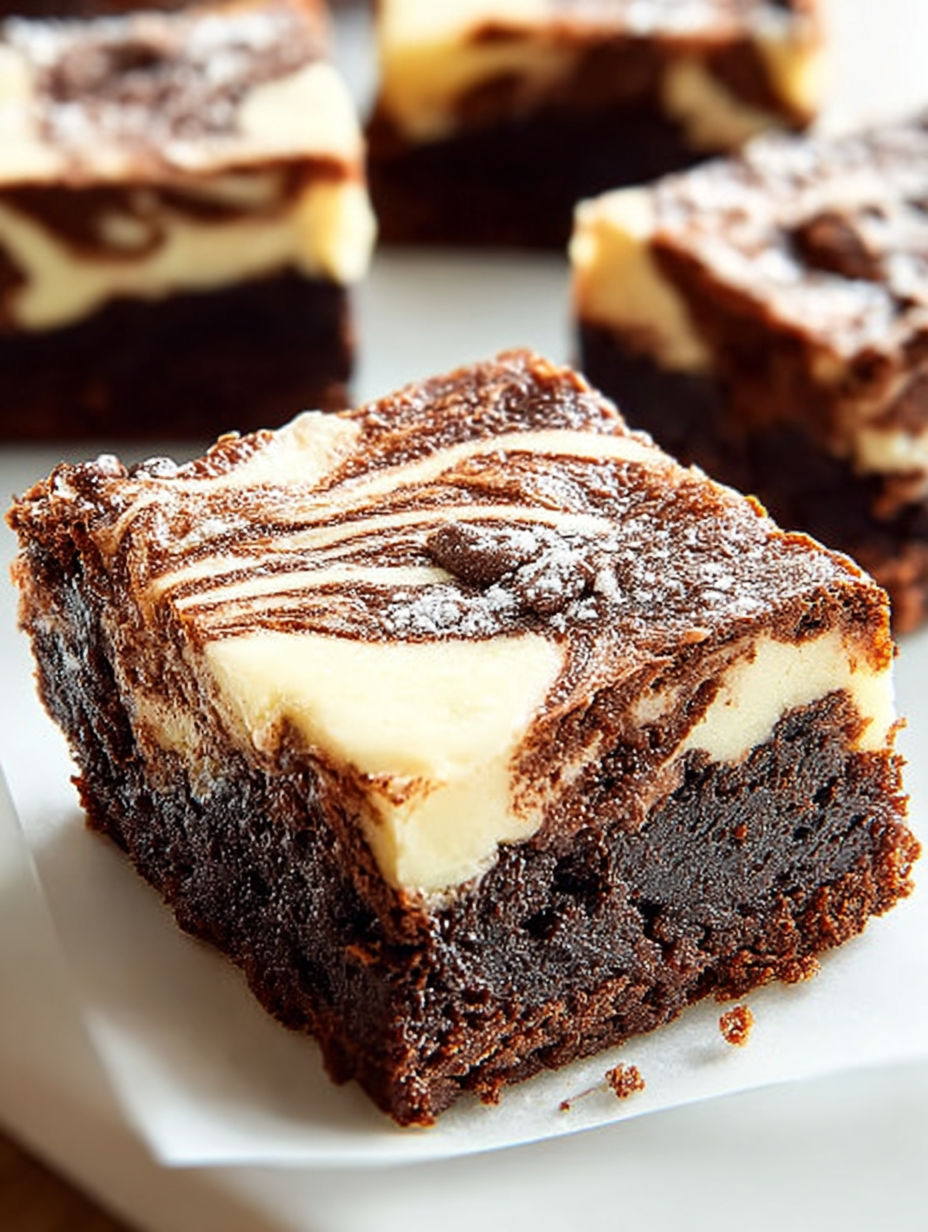 A piece of chocolate cheesecake brownies.
