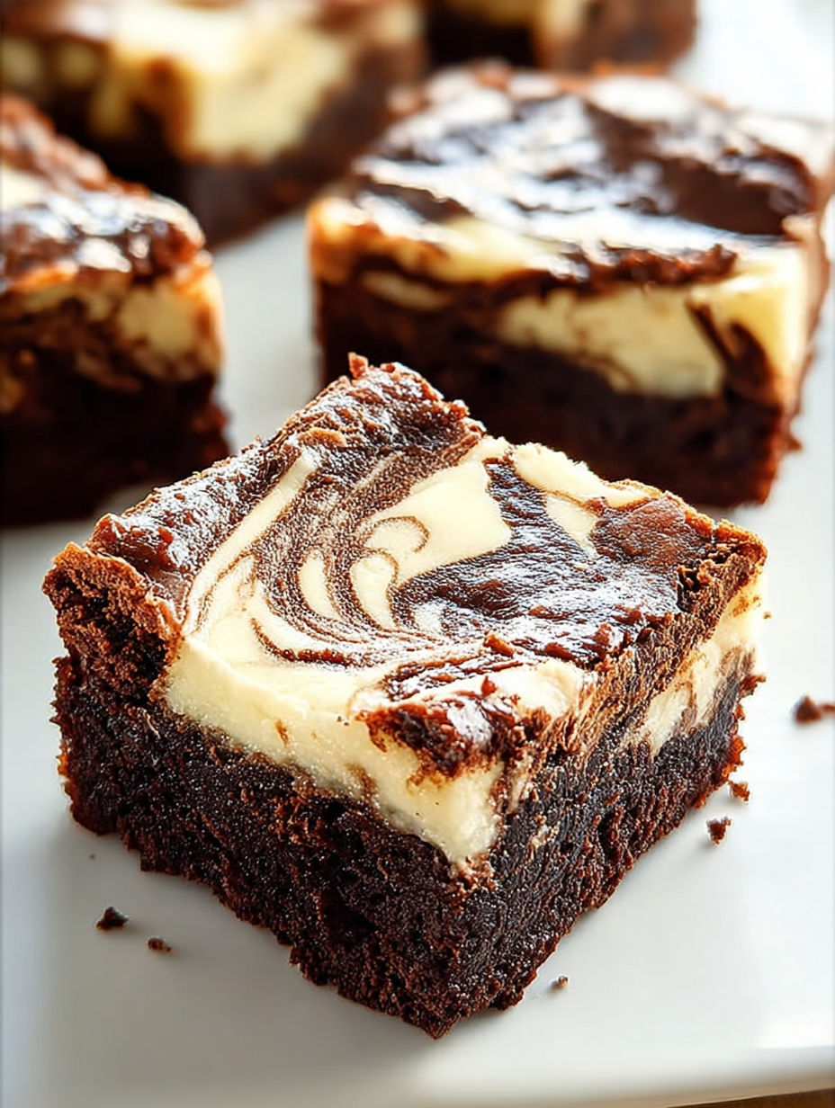 A close up of a chocolate cheesecake brownie.
