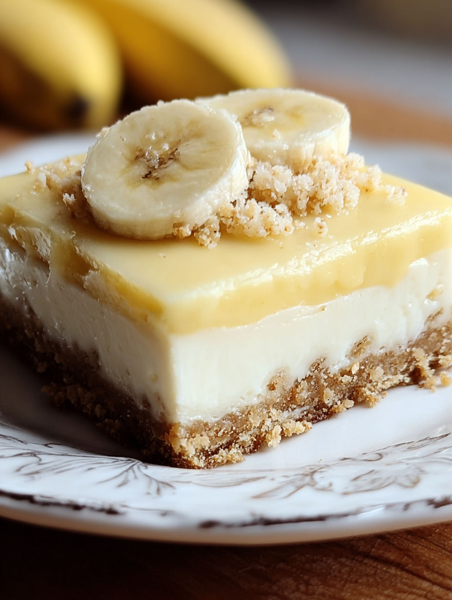 A slice of banana cream cheesecake bars.