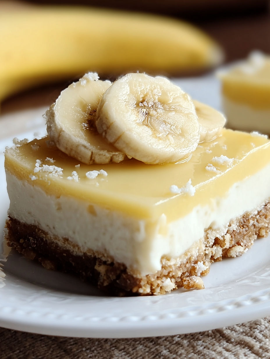 A slice of banana cream cheesecake bars.