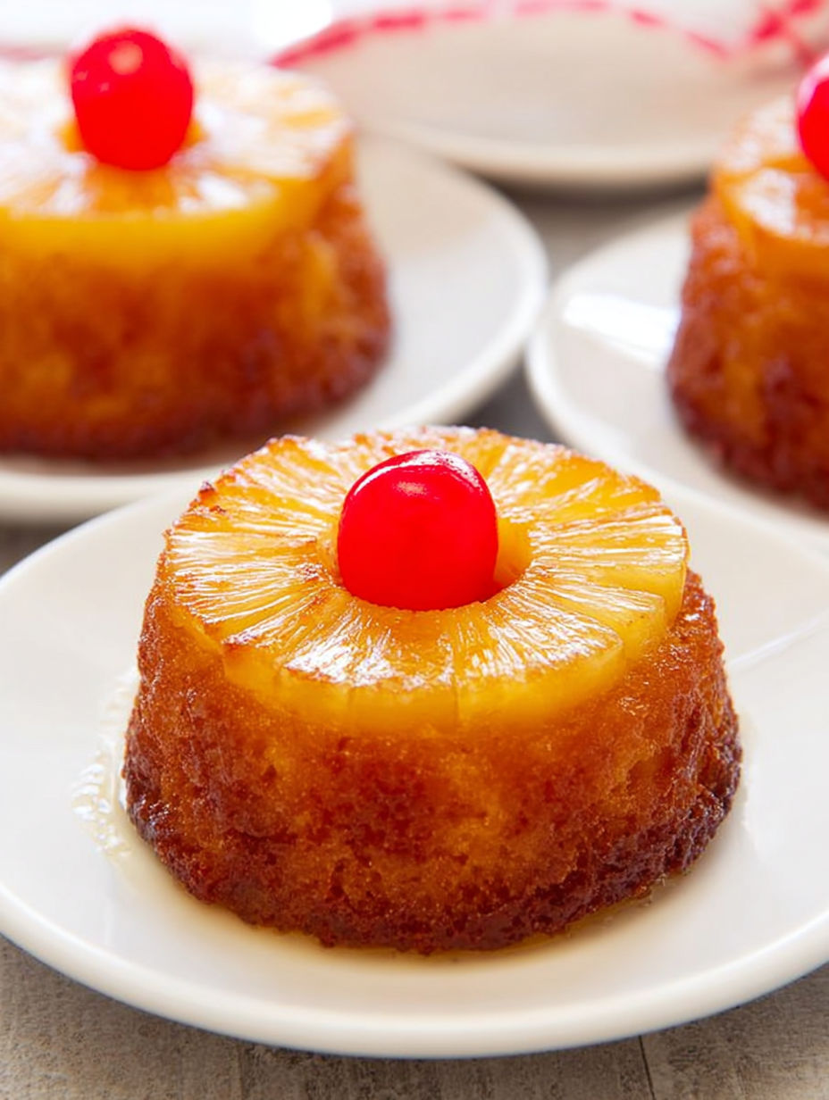 Mini pineapple upside down cakes on a plate.
