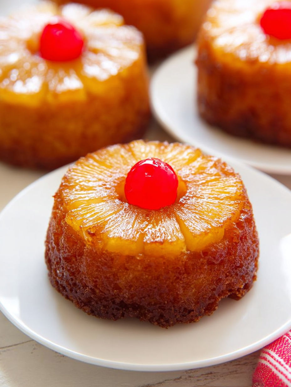 A small pineapple upside down cake with a cherry on top.