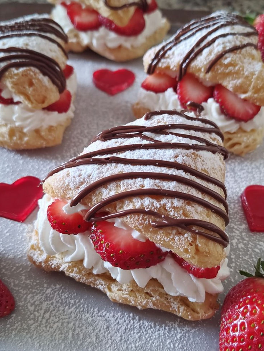 A plate of strawberry cream puffs with chocolate drizzle.
