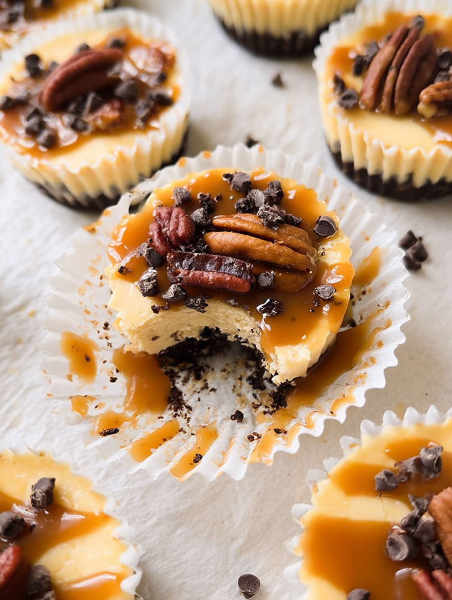 Mini salted caramel chocolate chip cheesecakes.