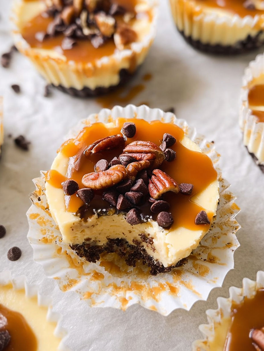 A close up of a mini salted caramel chocolate chip cheesecake.