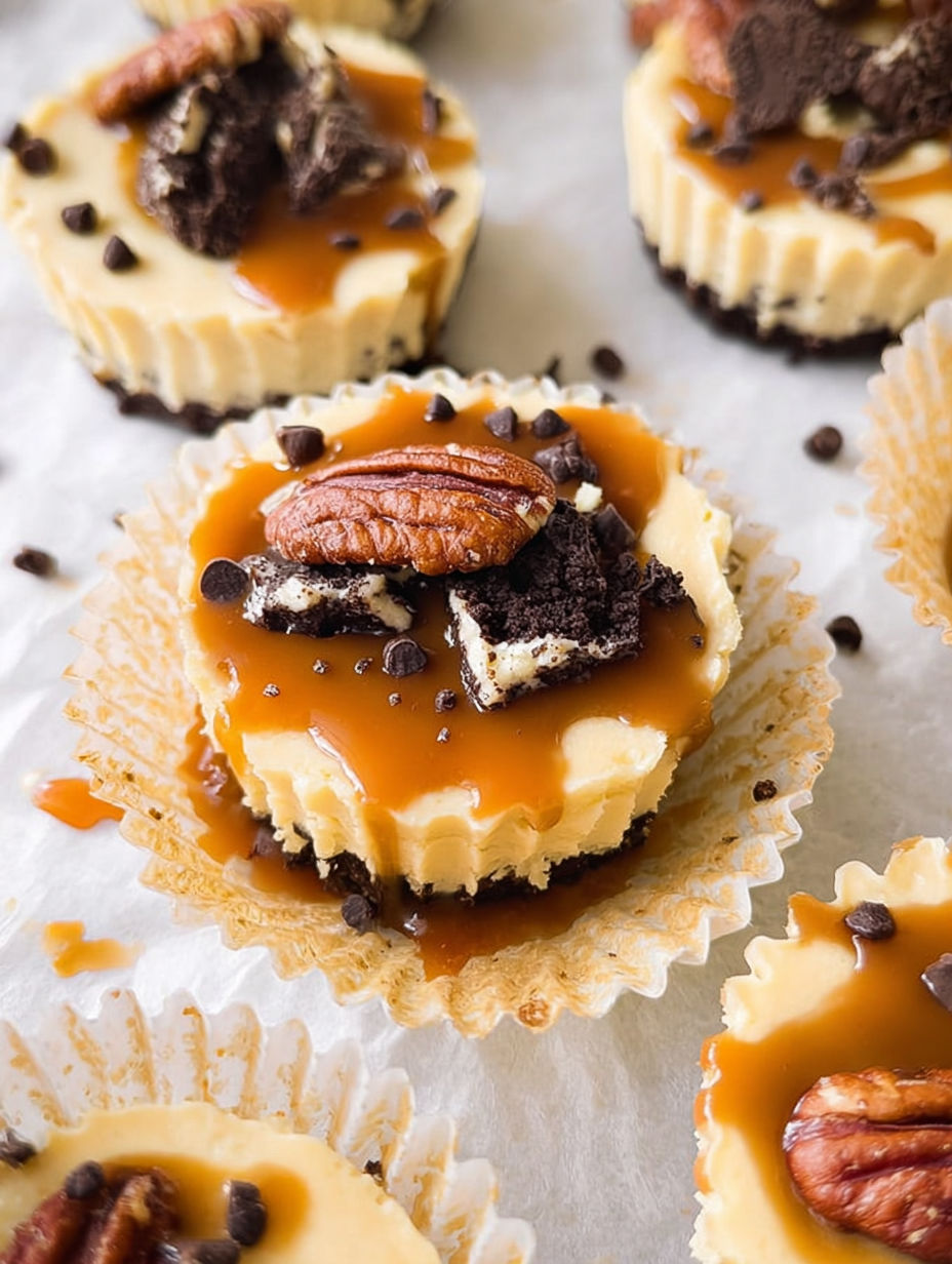 A close up of a mini salted caramel chocolate chip cheesecake.