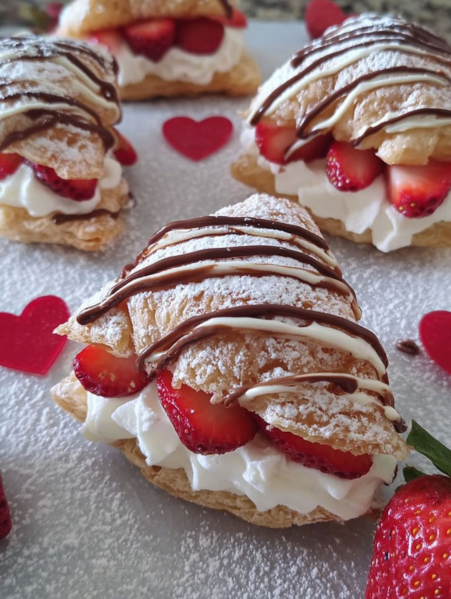 A plate of strawberry cream puffs with chocolate drizzle.