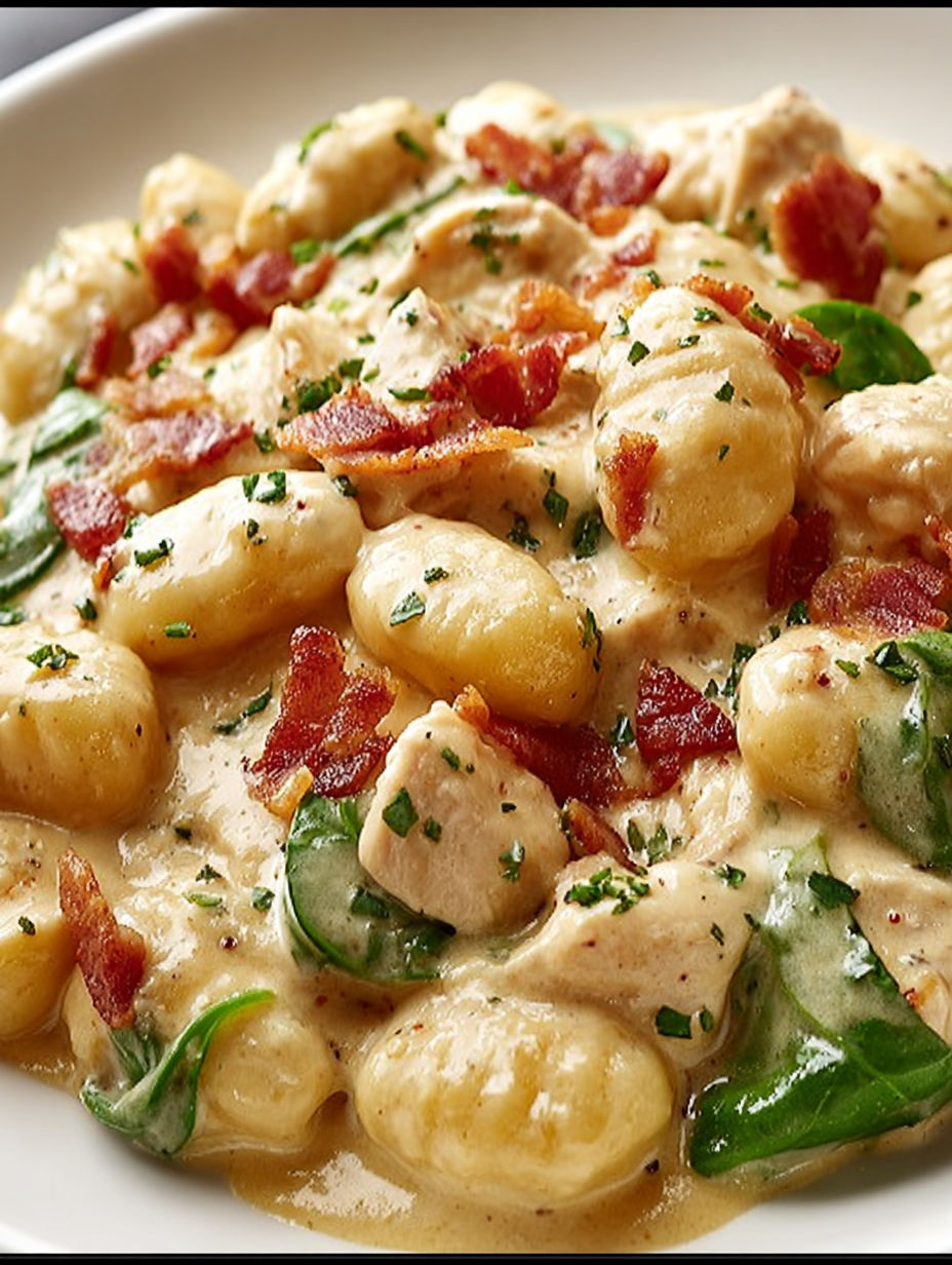 A plate of creamy chicken and bacon gnocchi.