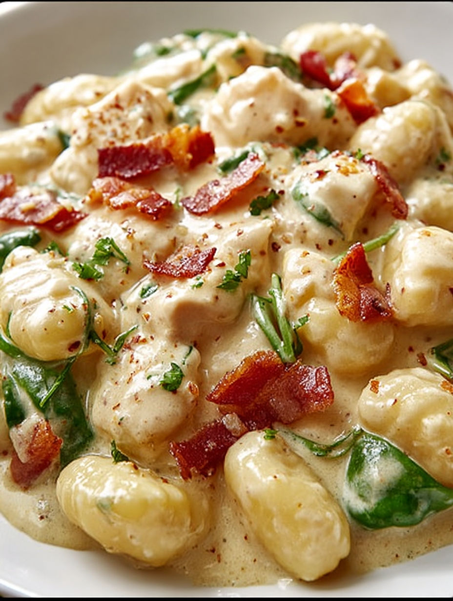 A creamy chicken and bacon gnocchi dish.