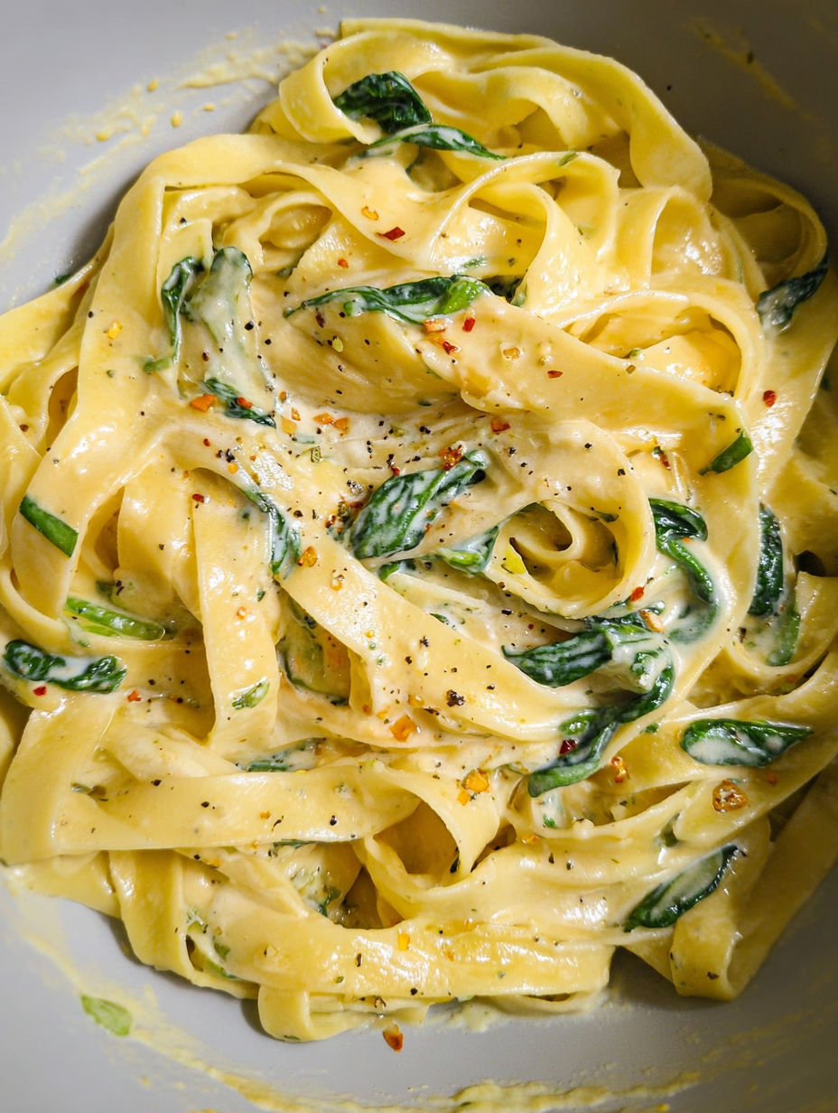 A bowl of pasta with garlic butter and spinach.