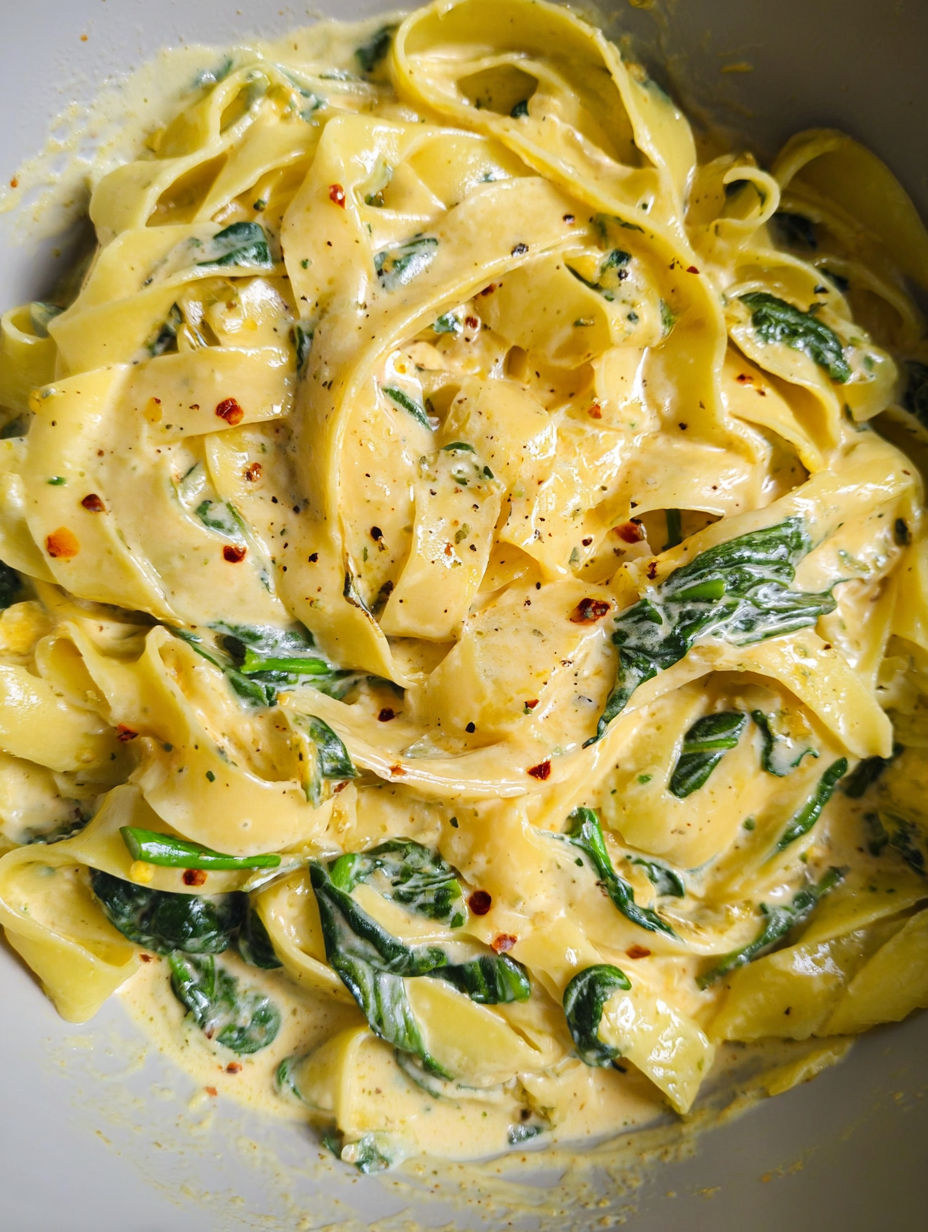 A bowl of pasta with spinach and garlic butter.