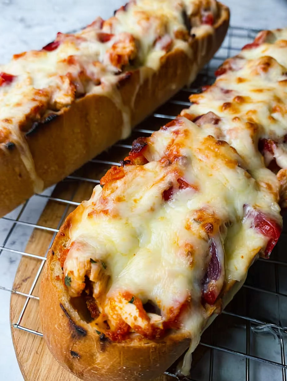 Two pieces of cheesy chicken garlic bread.