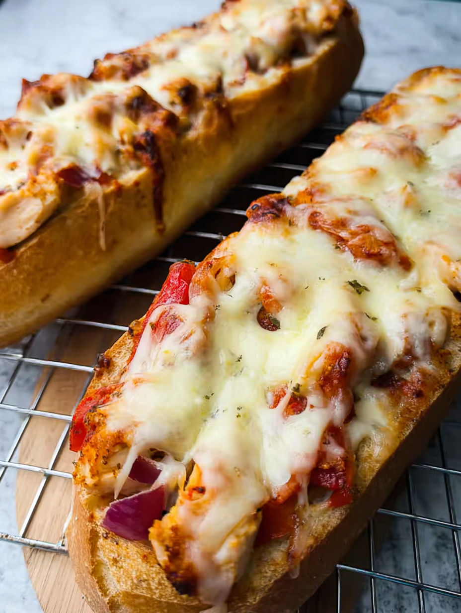 Two pieces of cheesy chicken garlic bread.