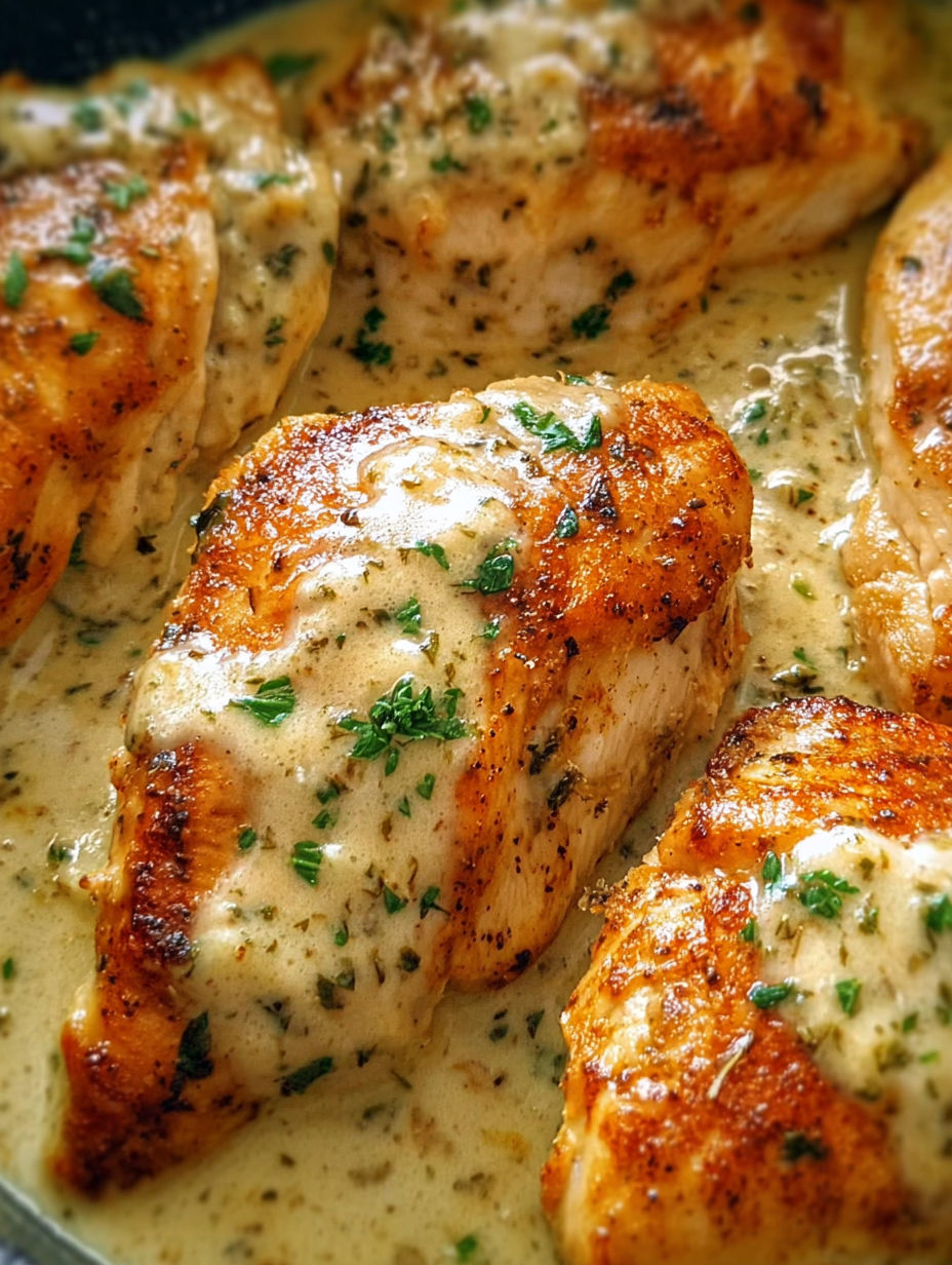 Chicken with sauce and herbs.
