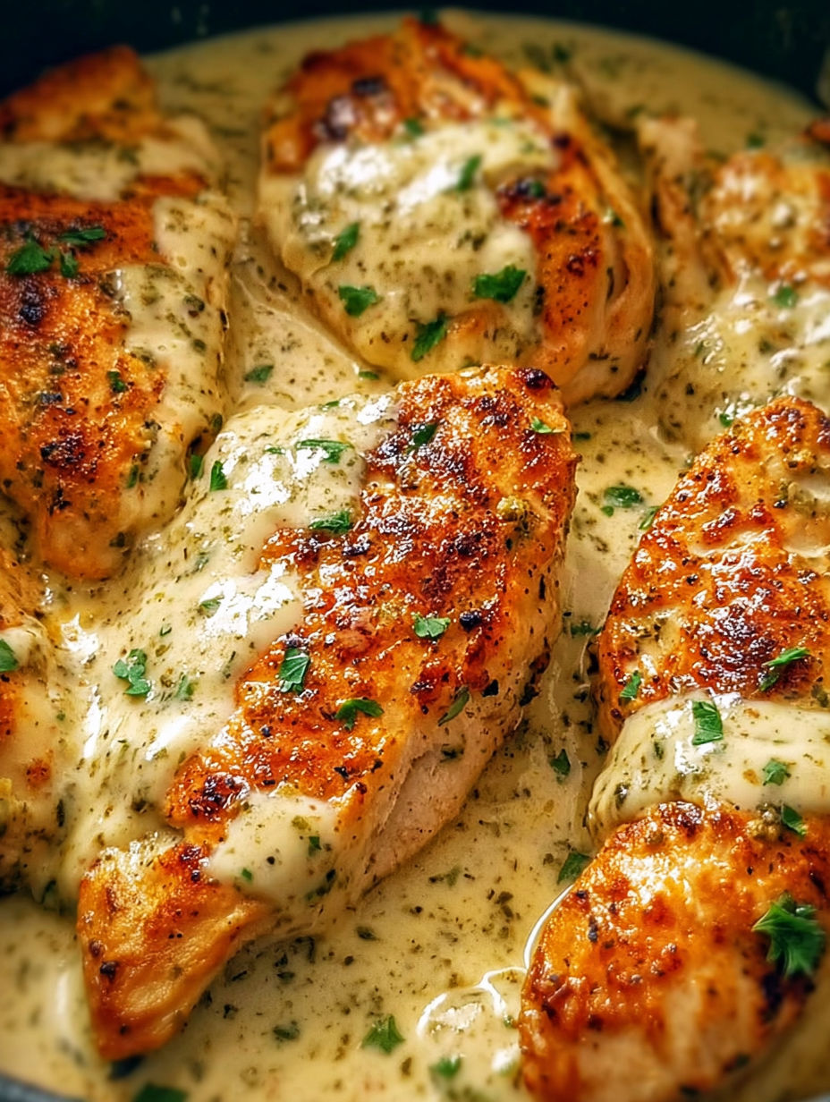 Chicken with sauce and herbs.
