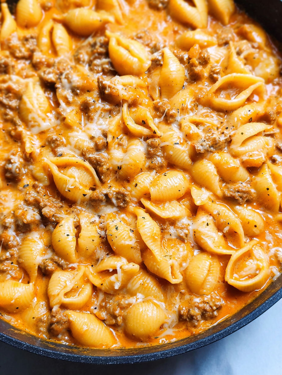 A bowl of creamy beef and shells.