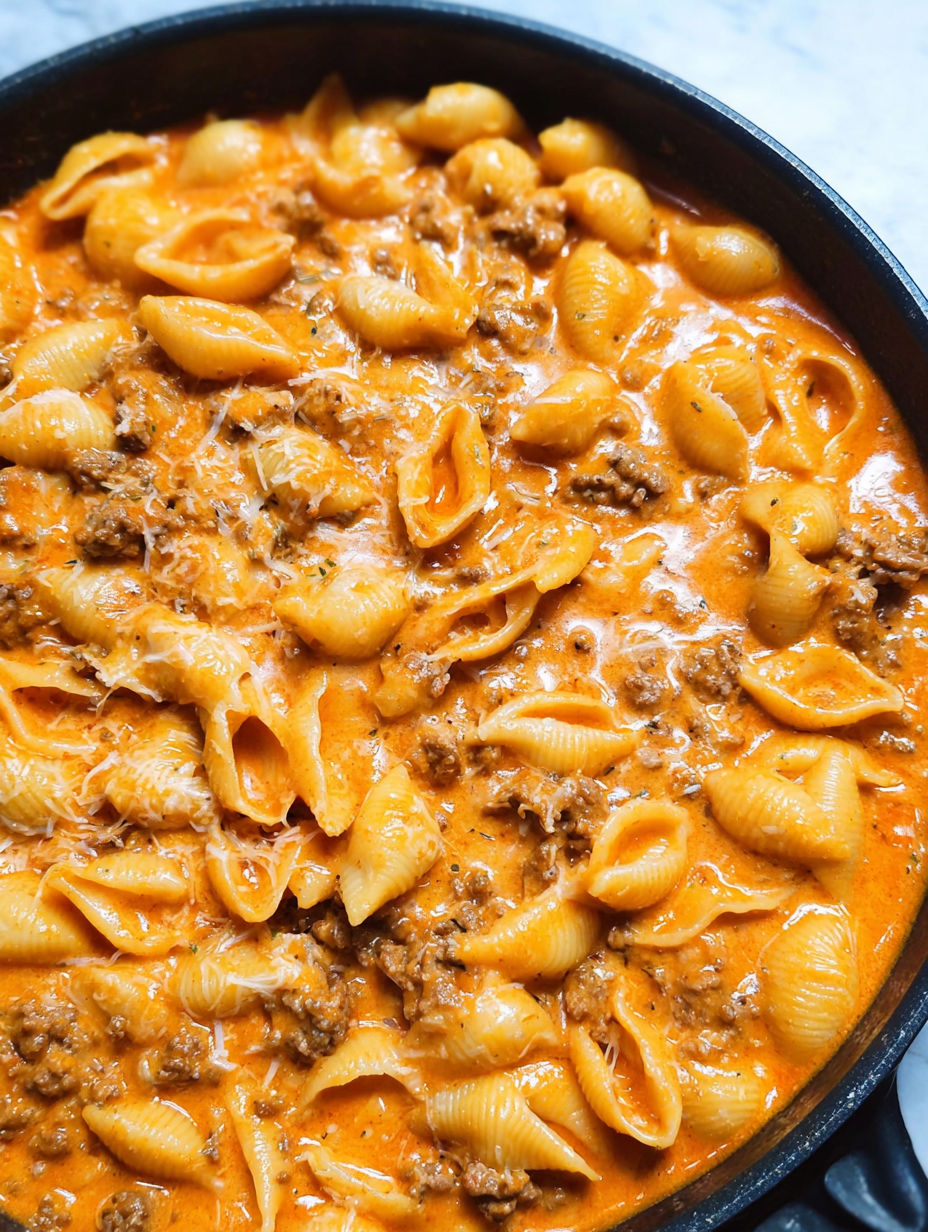 A bowl of creamy beef and shells.