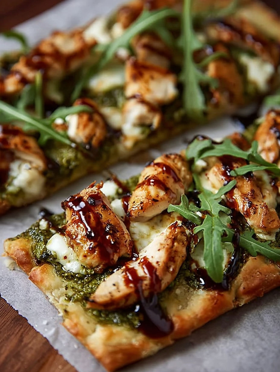 A pesto chicken flatbread with cheese and sauce.