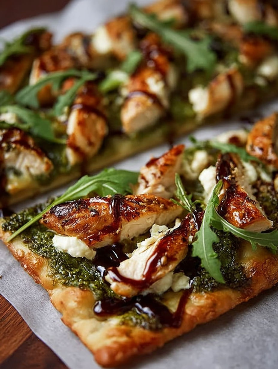 A pesto chicken flatbread with greens and sauce.
