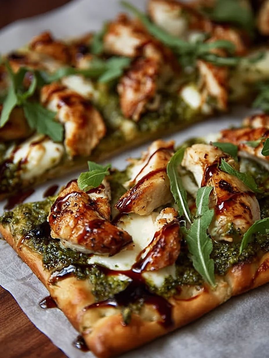 A pesto chicken flatbread with greens and sauce.