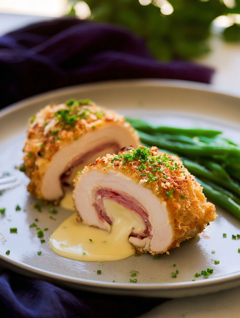 A plate of chicken cordon bleu with a green vegetable.