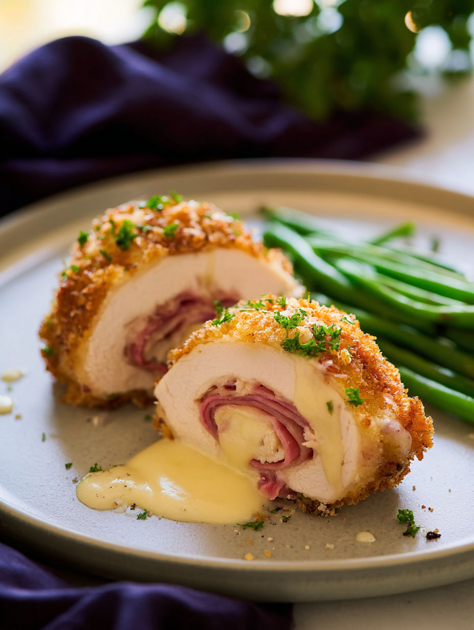 A plate of chicken cordon bleu with cheese and sauce.