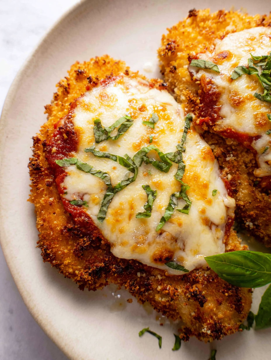 A piece of chicken with cheese and herbs on it.