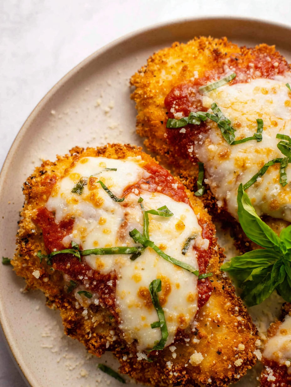 A plate of air fryer chicken parmesan.