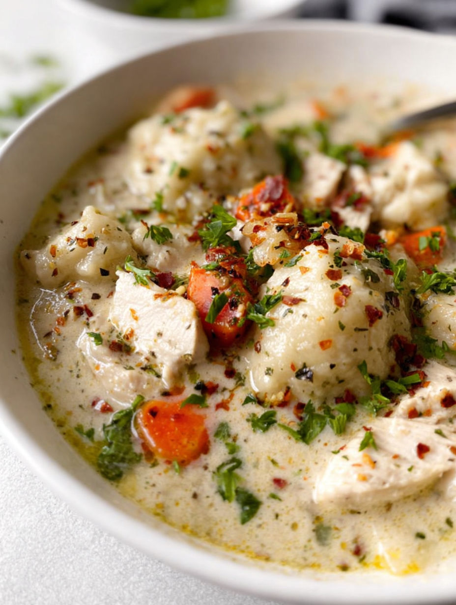 A bowl of chicken and dumplings.