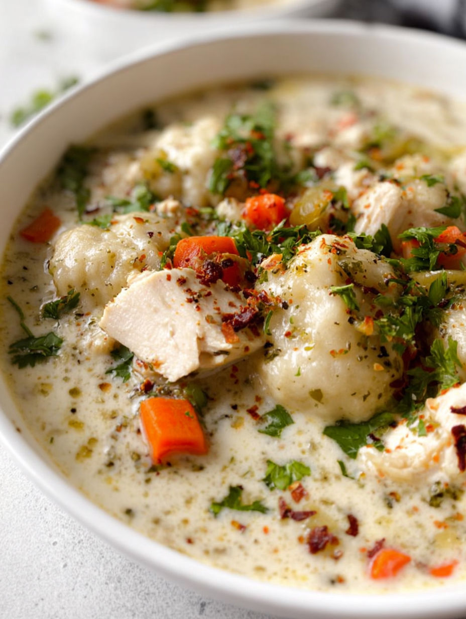 A bowl of chicken and dumplings.