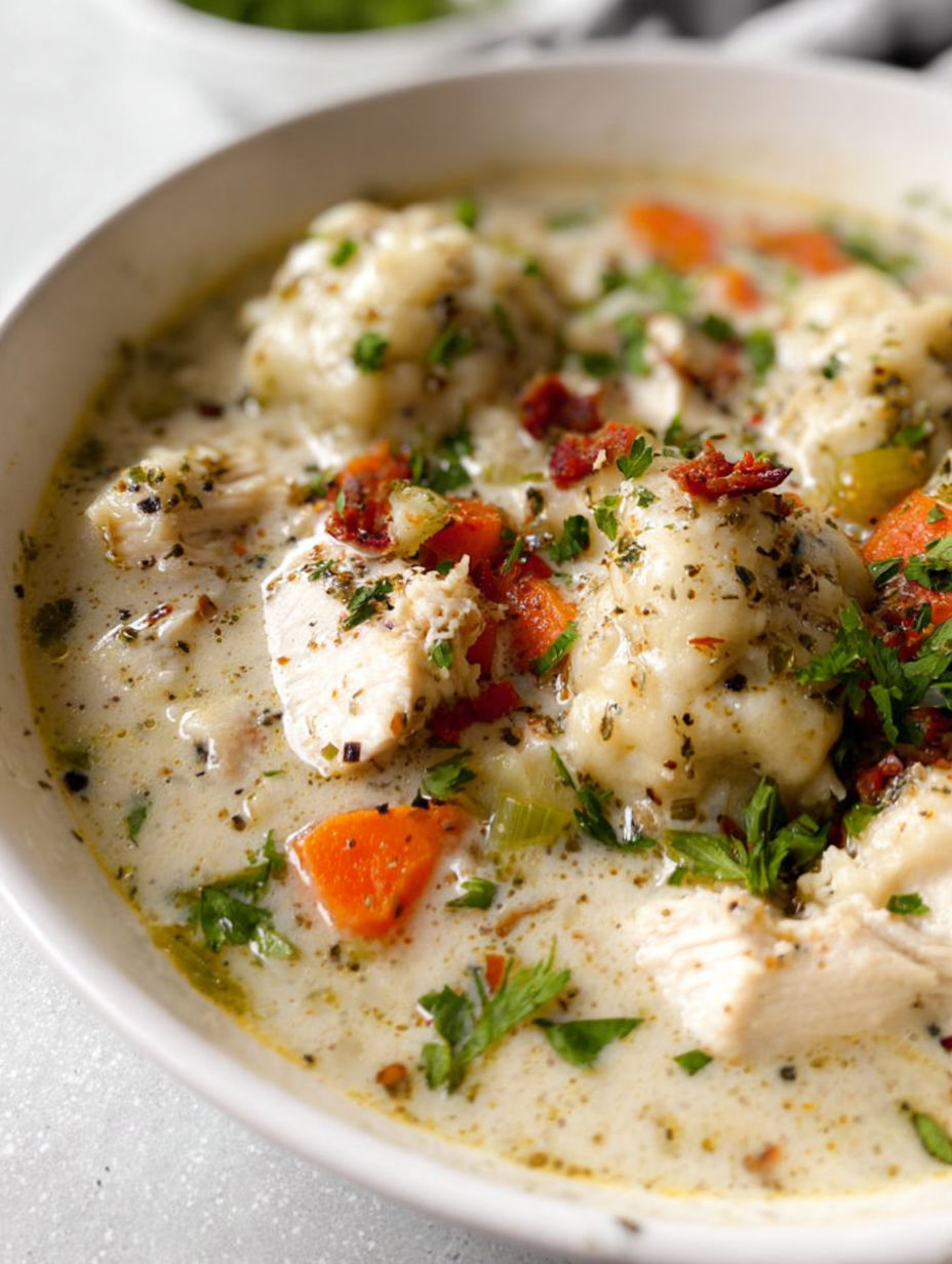 A bowl of chicken and dumplings.