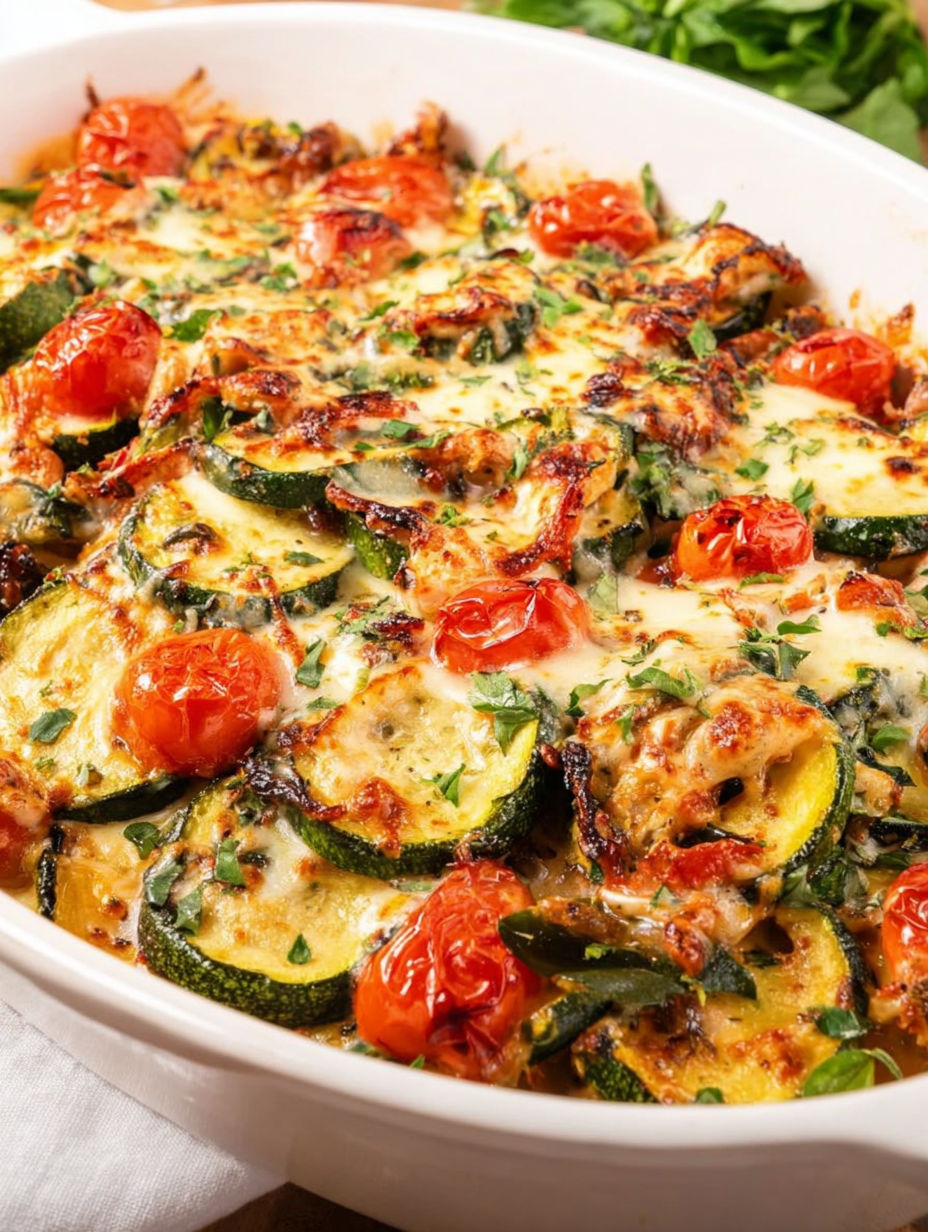 A dish of Tuscan Chicken Zucchini Casserole.