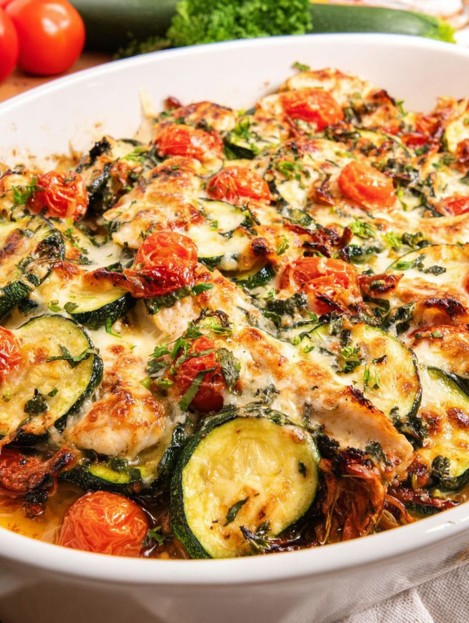 A dish of Tuscan Chicken Zucchini Casserole.