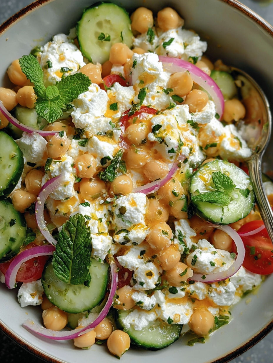 A bowl of cottage cheese and chickpea salad.
