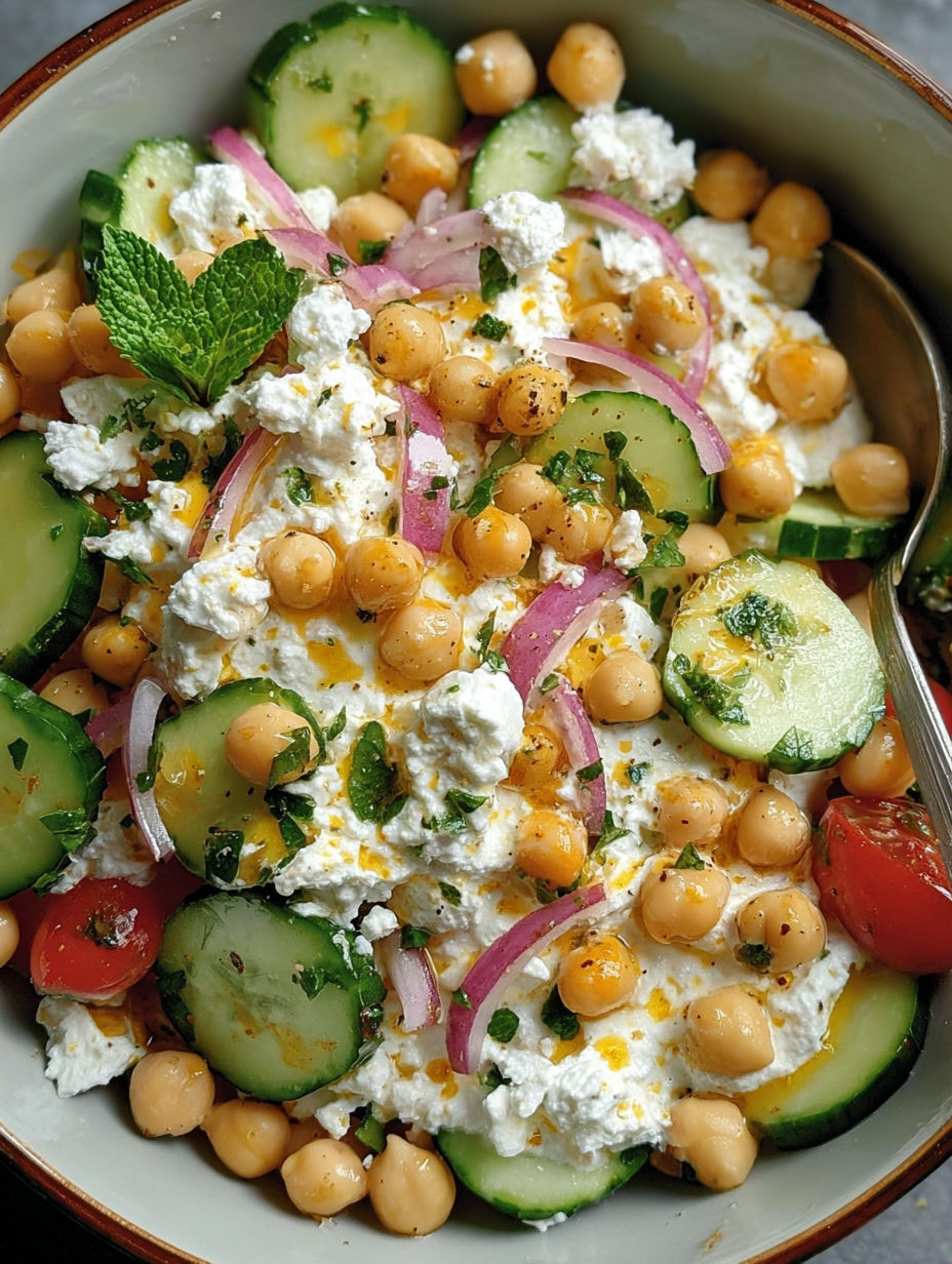 A salad with chickpeas, cucumbers, tomatoes, and feta cheese.